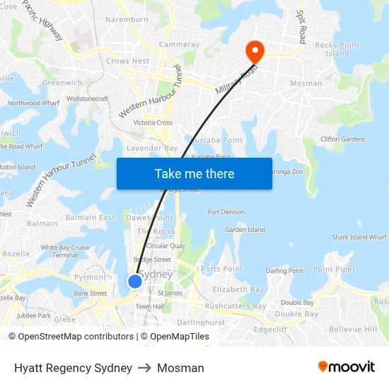 Hyatt Regency Sydney to Mosman map