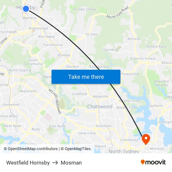 Westfield Hornsby to Mosman map