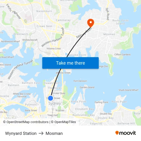 Wynyard Station to Mosman map