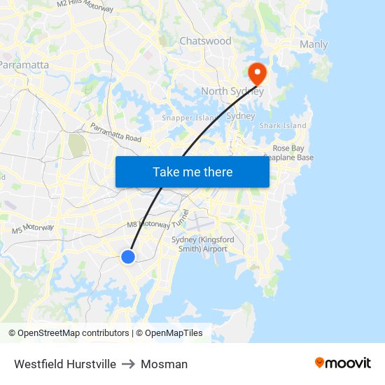 Westfield Hurstville to Mosman map