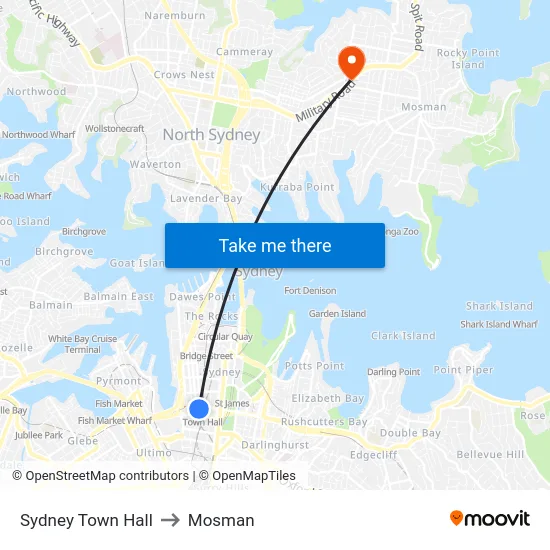 Sydney Town Hall to Mosman map
