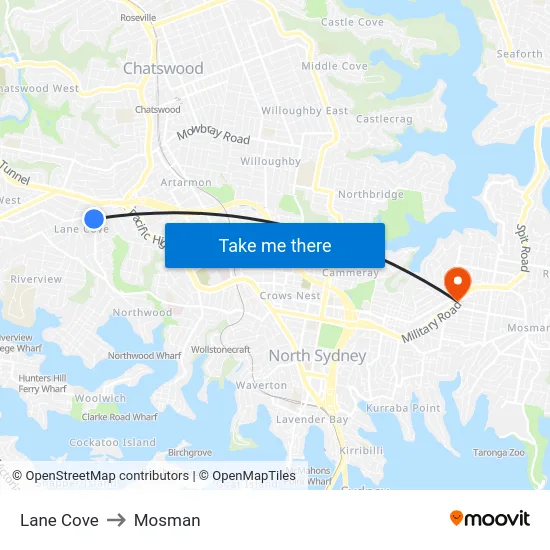 Lane Cove to Mosman map
