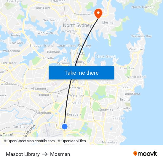 Mascot Library to Mosman map
