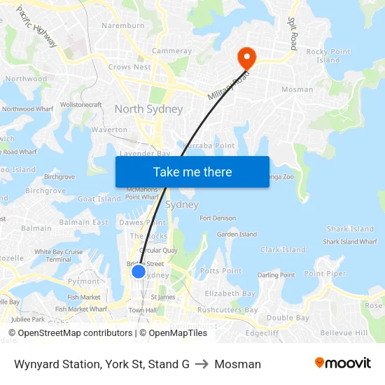 Wynyard Station, York St, Stand G to Mosman map