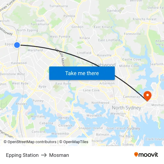 Epping Station to Mosman map