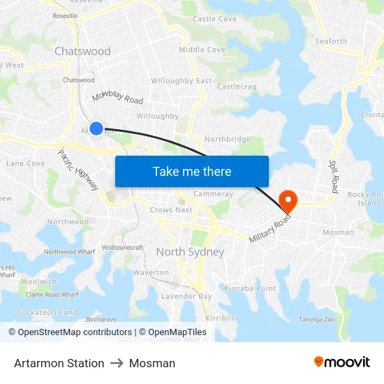 Artarmon Station to Mosman map