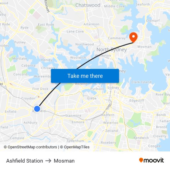 Ashfield Station to Mosman map