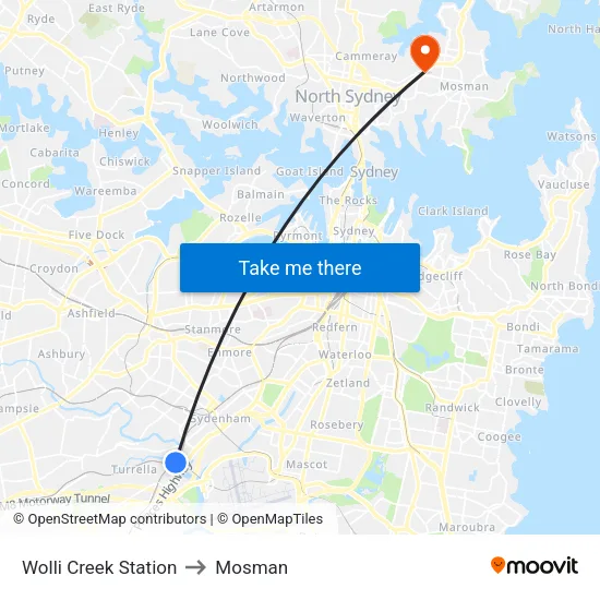 Wolli Creek Station to Mosman map