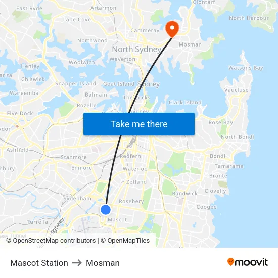Mascot Station to Mosman map