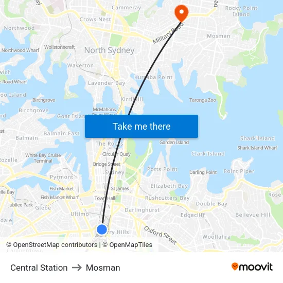 Central Station to Mosman map