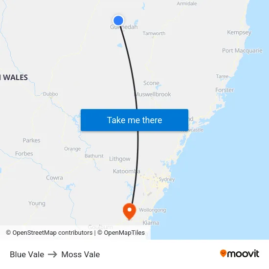 Blue Vale to Moss Vale map
