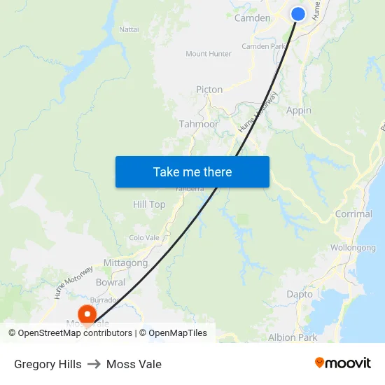 Gregory Hills to Moss Vale map