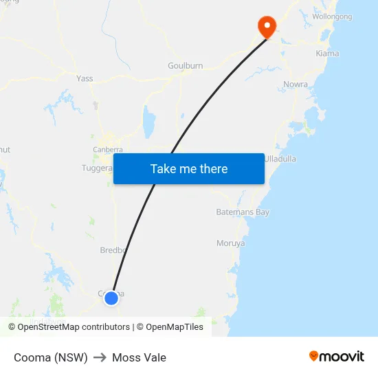 Cooma (NSW) to Moss Vale map