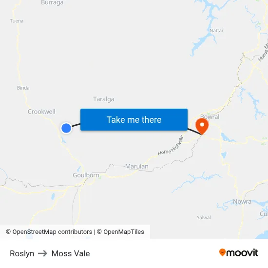 Roslyn to Moss Vale map