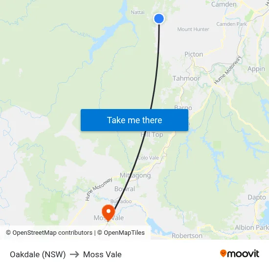 Oakdale (NSW) to Moss Vale map