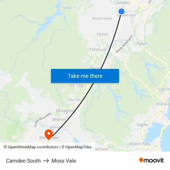 Camden South to Moss Vale map