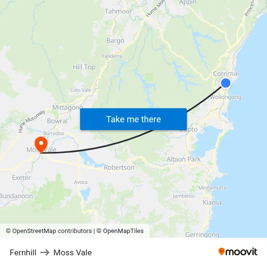 Fernhill to Moss Vale map