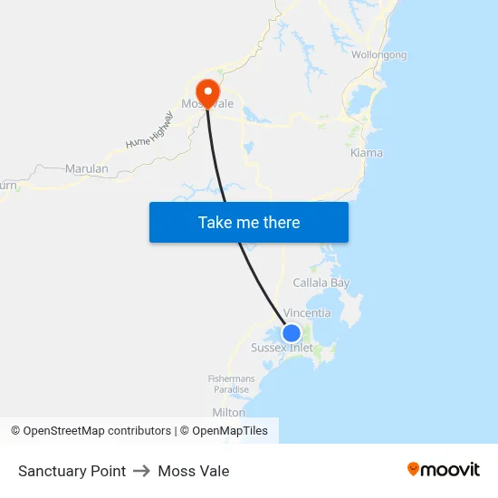 Sanctuary Point to Moss Vale map