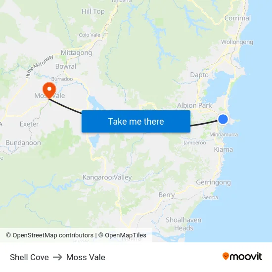 Shell Cove to Moss Vale map