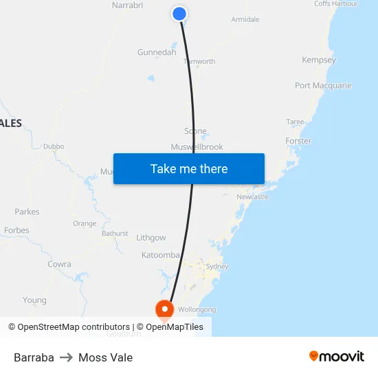 Barraba to Moss Vale map