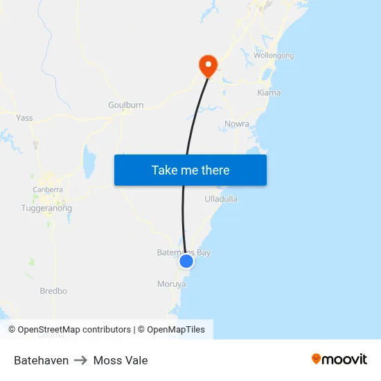 Batehaven to Moss Vale map
