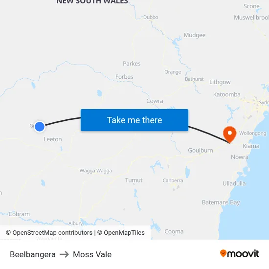 Beelbangera to Moss Vale map