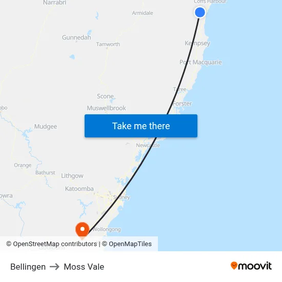Bellingen to Moss Vale map