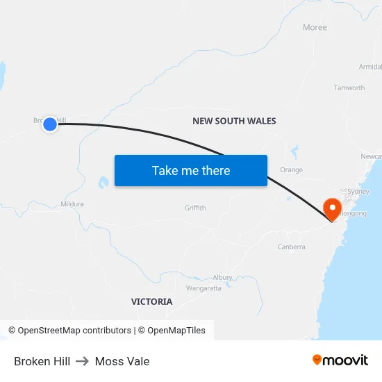 Broken Hill to Moss Vale map