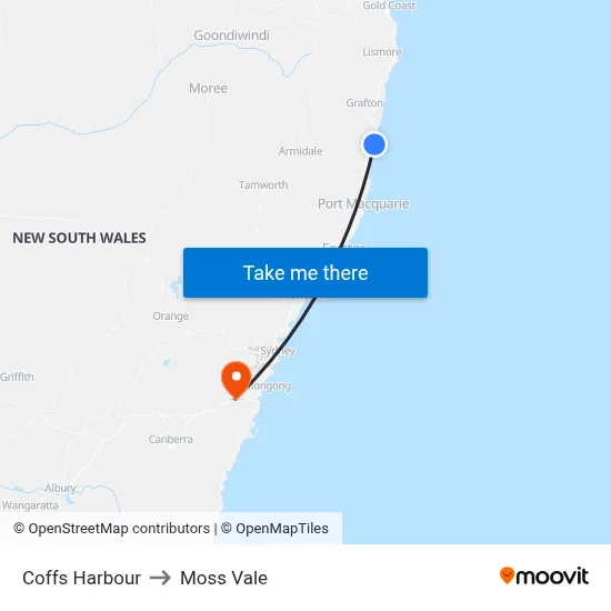 Coffs Harbour to Moss Vale map