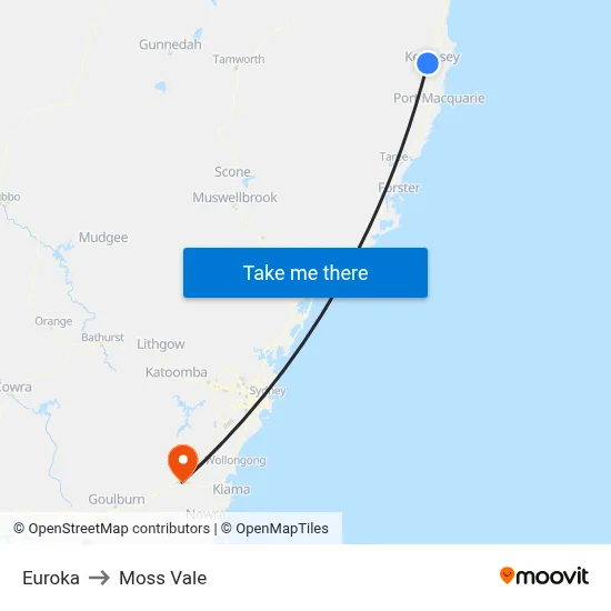 Euroka to Moss Vale map