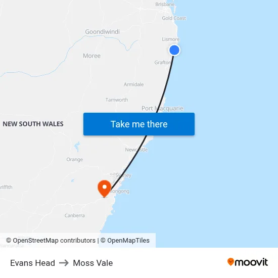 Evans Head to Moss Vale map