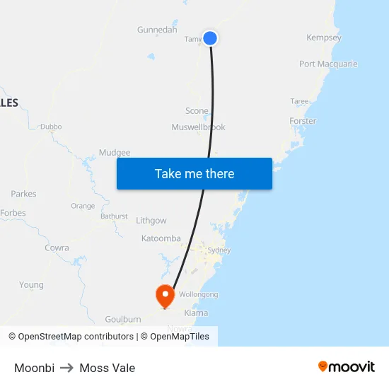 Moonbi to Moss Vale map