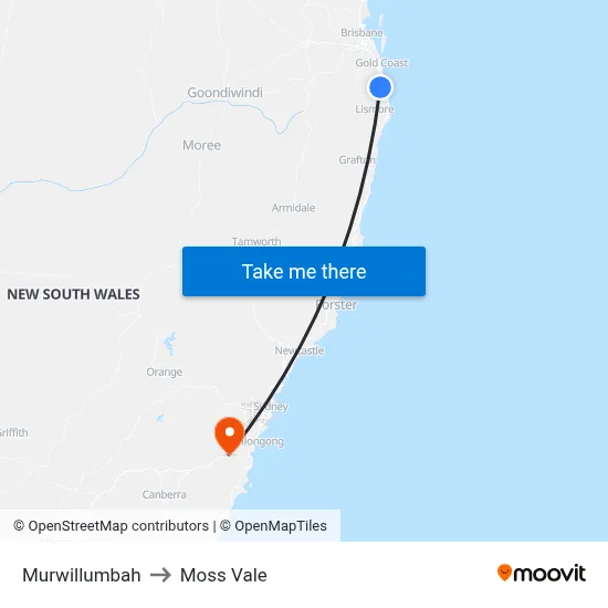 Murwillumbah to Moss Vale map