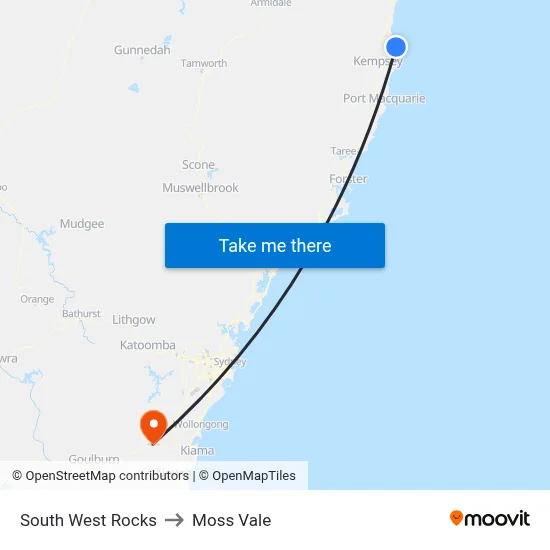 South West Rocks to Moss Vale map