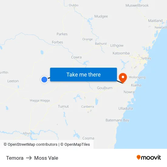 Temora to Moss Vale map