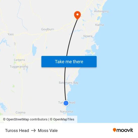 Tuross Head to Moss Vale map