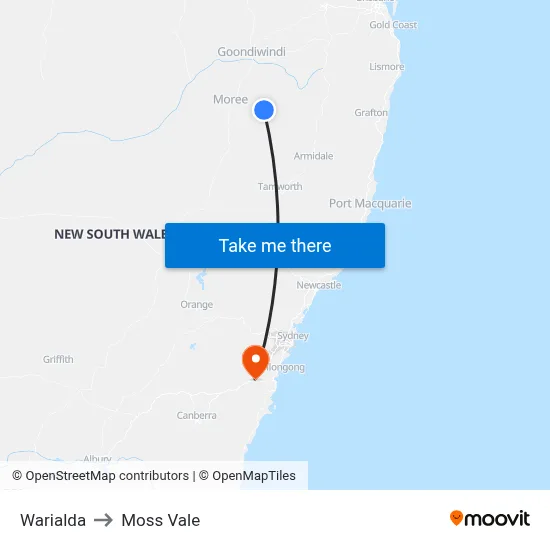 Warialda to Moss Vale map