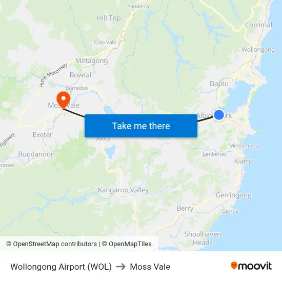 Wollongong Airport (WOL) to Moss Vale map