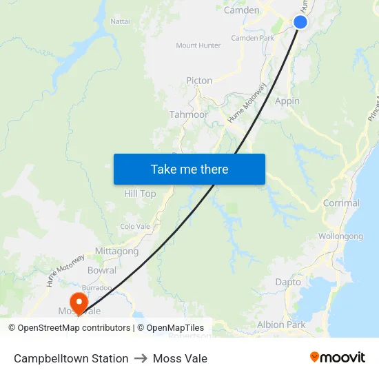 Campbelltown Station to Moss Vale map