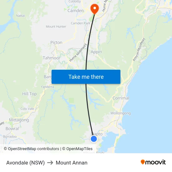 Avondale (NSW) to Mount Annan map