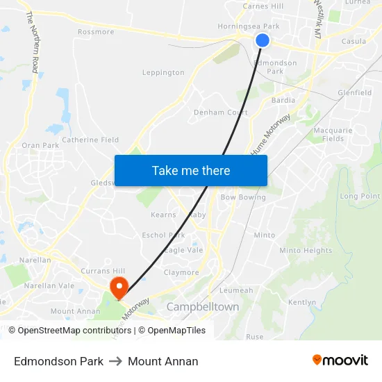 Edmondson Park to Mount Annan map