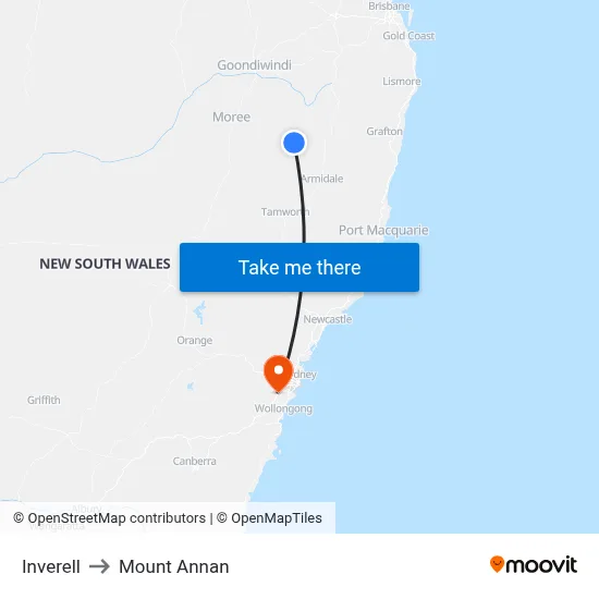 Inverell to Mount Annan map