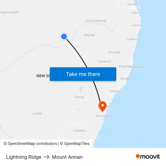 Lightning Ridge to Mount Annan map