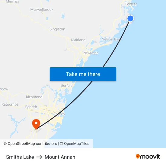Smiths Lake to Mount Annan map