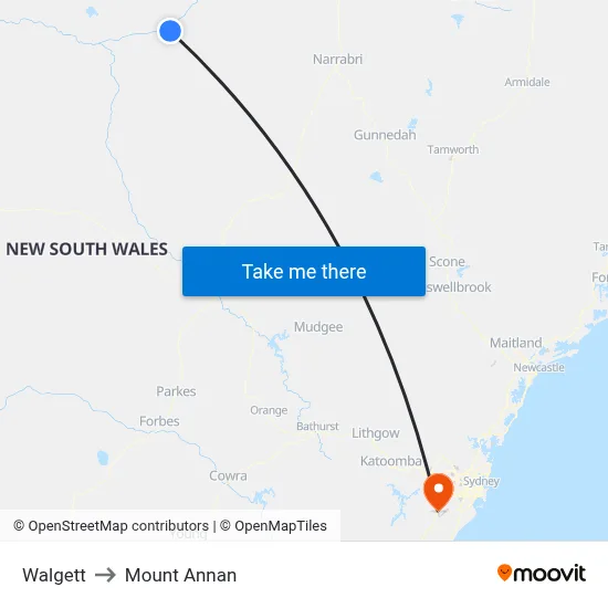 Walgett to Mount Annan map