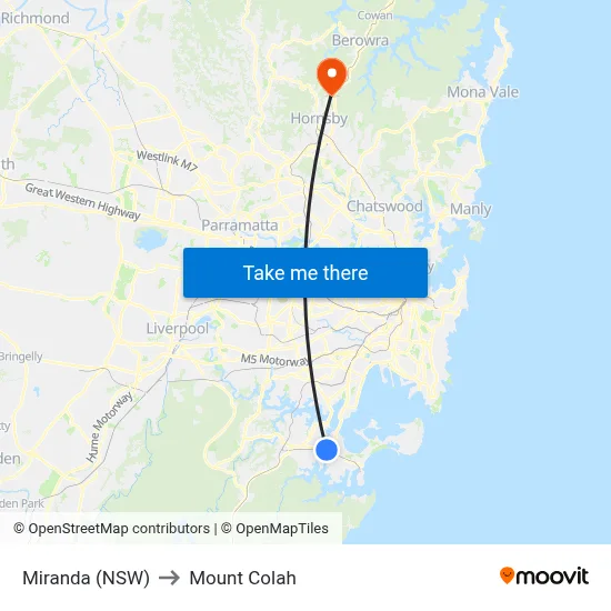 Miranda (NSW) to Mount Colah map