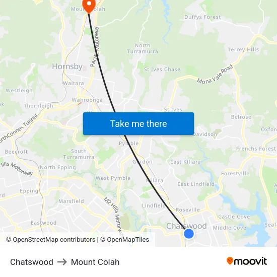 Chatswood to Mount Colah map