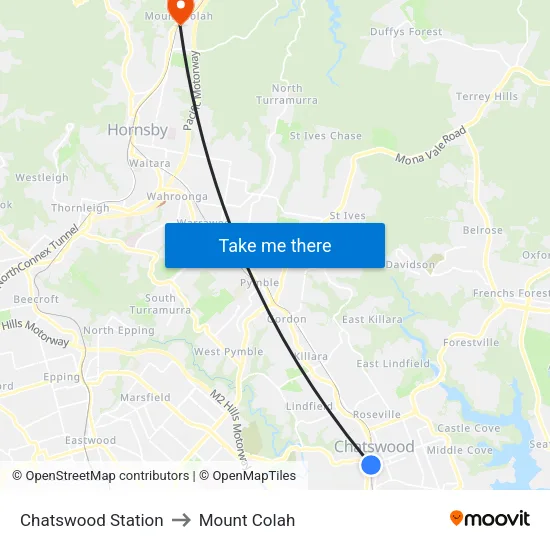 Chatswood Station to Mount Colah map