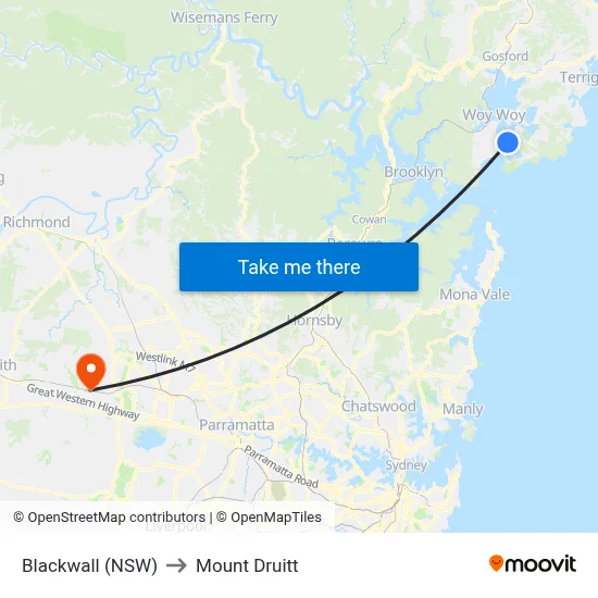 Blackwall (NSW) to Mount Druitt map