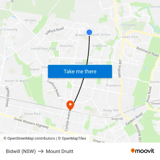 Bidwill (NSW) to Mount Druitt map